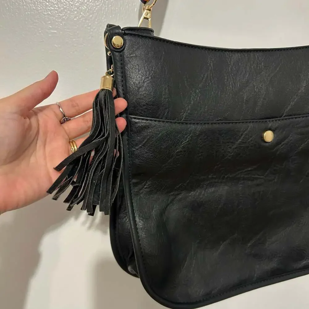 Black Faux Leather Crossbody Bag with Colorful Woven Guitar Strap and Tassel